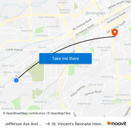 Jefferson Ave And 17th Pl SW to St. Vincent's Neonatal Intensive Care Unit map