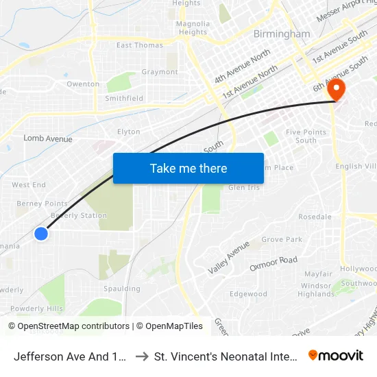 Jefferson Ave And 17th Way SW to St. Vincent's Neonatal Intensive Care Unit map
