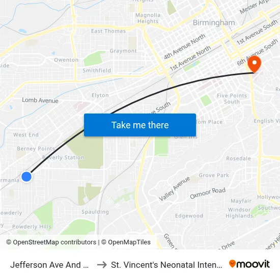 Jefferson Ave And 18th St SW to St. Vincent's Neonatal Intensive Care Unit map