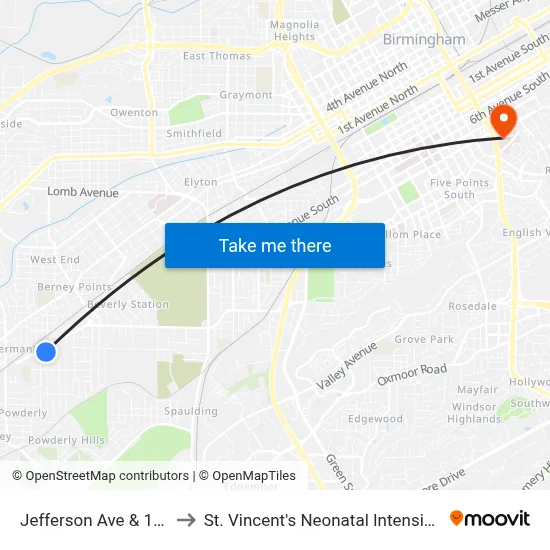 Jefferson Ave & 18th Way to St. Vincent's Neonatal Intensive Care Unit map