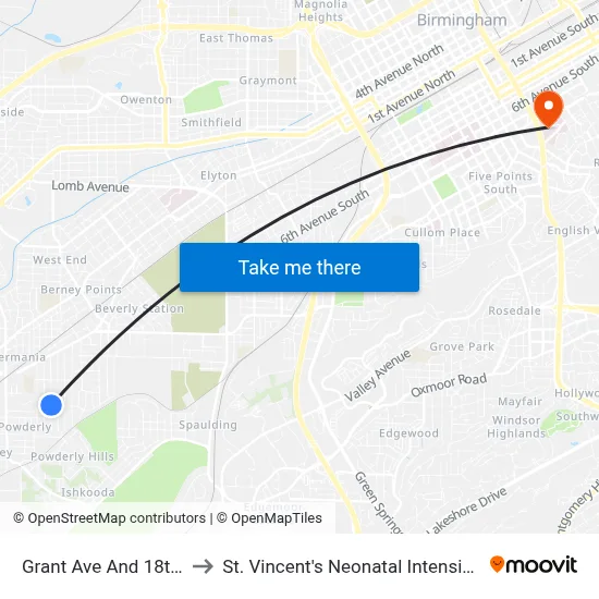 Grant Ave And 18th St SW to St. Vincent's Neonatal Intensive Care Unit map