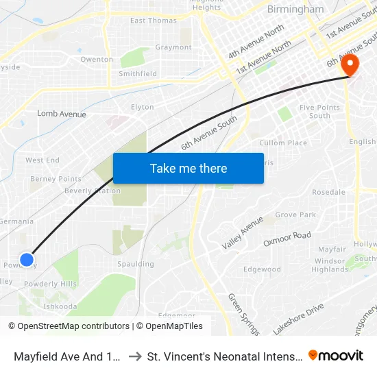 Mayfield Ave And 19th St SW to St. Vincent's Neonatal Intensive Care Unit map