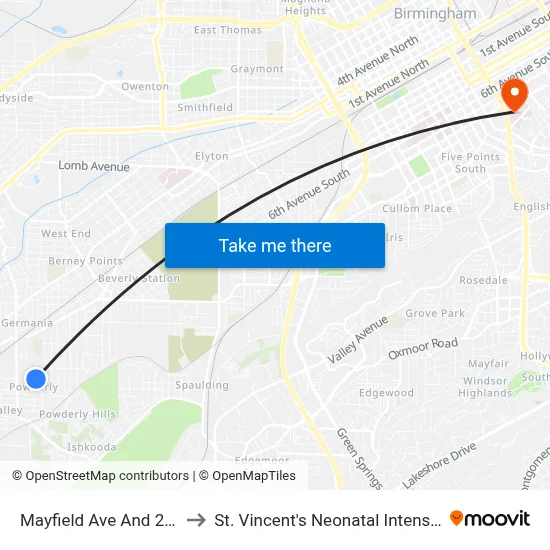 Mayfield Ave And 21st St SW to St. Vincent's Neonatal Intensive Care Unit map