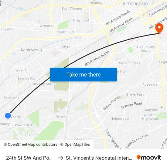 24th St SW And Powderly Ave to St. Vincent's Neonatal Intensive Care Unit map