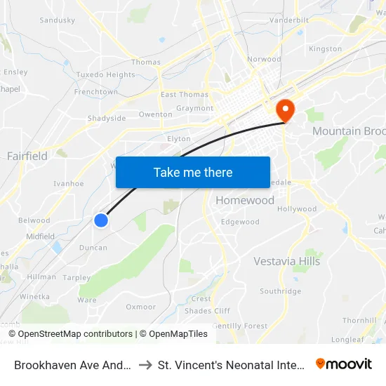 Brookhaven Ave And 28th St SW to St. Vincent's Neonatal Intensive Care Unit map