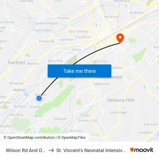 Wilson Rd And Oak Ave to St. Vincent's Neonatal Intensive Care Unit map
