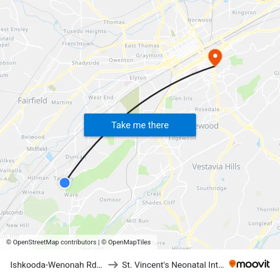 Ishkooda-Wenonah Rd And Wilson Rd to St. Vincent's Neonatal Intensive Care Unit map
