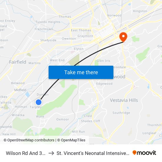 Wilson Rd And 33rd St to St. Vincent's Neonatal Intensive Care Unit map