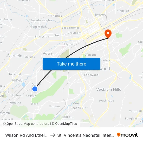 Wilson Rd And Ethel Hall Circle to St. Vincent's Neonatal Intensive Care Unit map