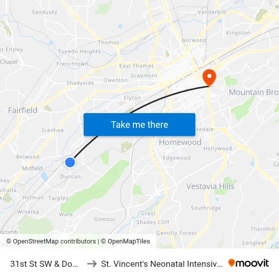 31st St SW & Dowell Ave to St. Vincent's Neonatal Intensive Care Unit map
