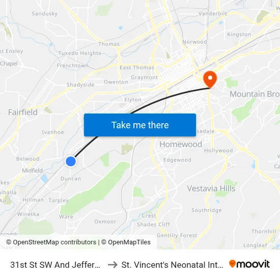 31st St SW And Jefferson Ave (Rte 3) to St. Vincent's Neonatal Intensive Care Unit map