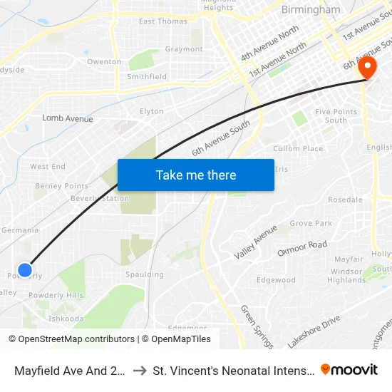 Mayfield Ave And 21st St SW to St. Vincent's Neonatal Intensive Care Unit map