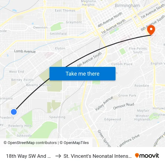 18th Way SW And Grant Ave to St. Vincent's Neonatal Intensive Care Unit map
