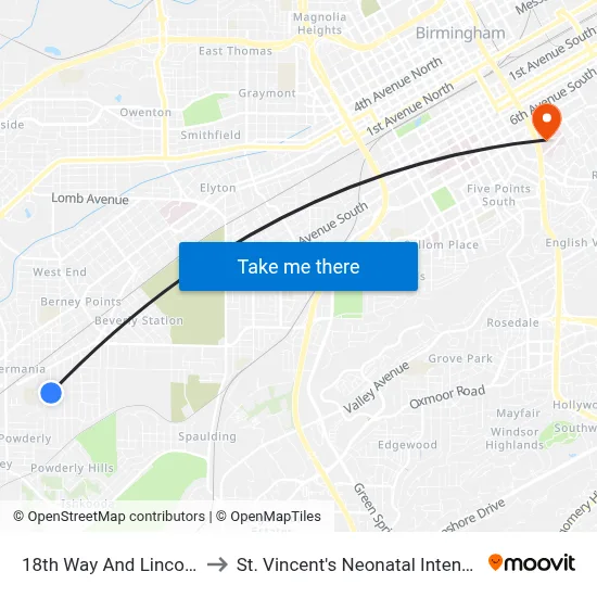 18th Way And Lincoln Ave (Ib) to St. Vincent's Neonatal Intensive Care Unit map