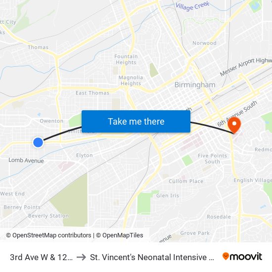 3rd Ave W & 12th St to St. Vincent's Neonatal Intensive Care Unit map