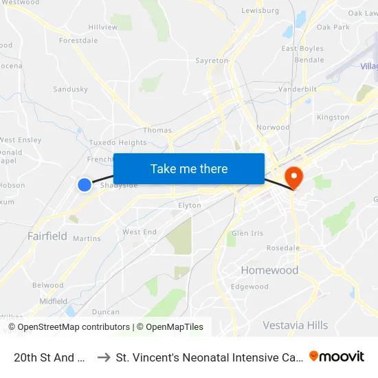 20th St And Ave I to St. Vincent's Neonatal Intensive Care Unit map