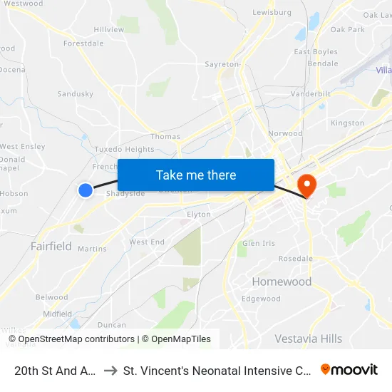 20th St And Ave G to St. Vincent's Neonatal Intensive Care Unit map