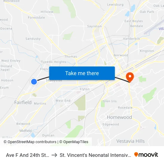 Ave F And 24th St Ensley to St. Vincent's Neonatal Intensive Care Unit map