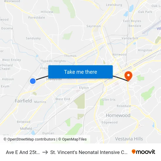 Ave E And 25th St to St. Vincent's Neonatal Intensive Care Unit map