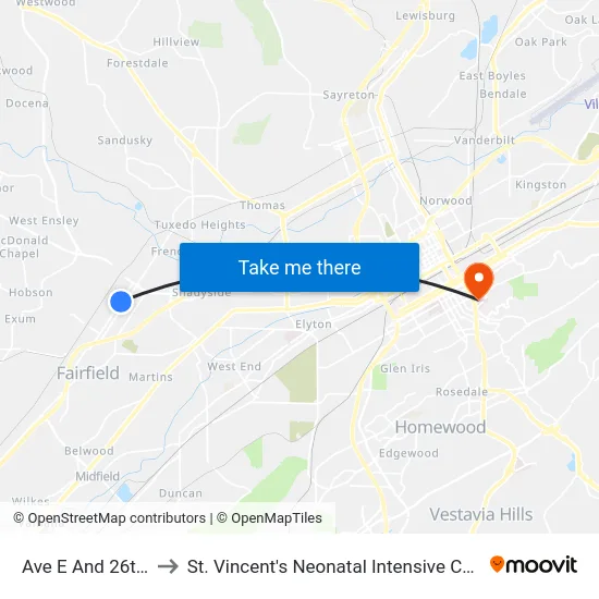 Ave E And 26th St to St. Vincent's Neonatal Intensive Care Unit map