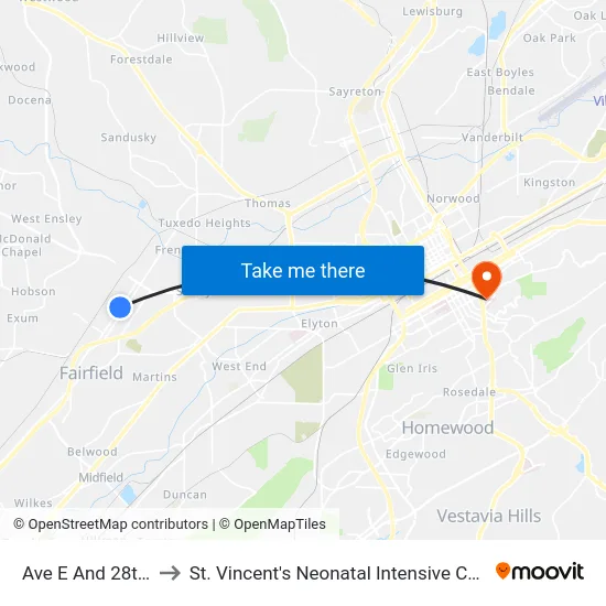 Ave E And 28th St to St. Vincent's Neonatal Intensive Care Unit map