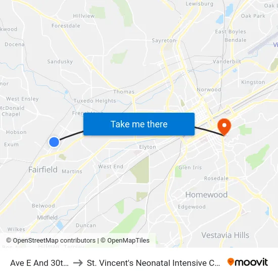 Ave E And 30th St to St. Vincent's Neonatal Intensive Care Unit map