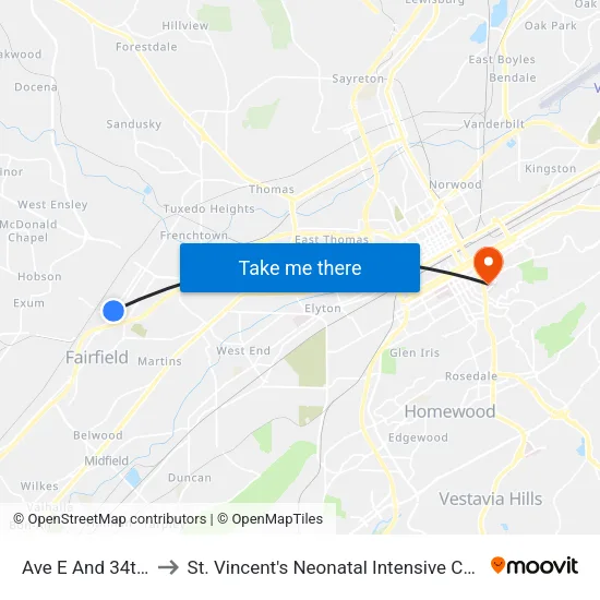 Ave E And 34th St to St. Vincent's Neonatal Intensive Care Unit map