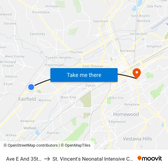 Ave E And 35th St to St. Vincent's Neonatal Intensive Care Unit map