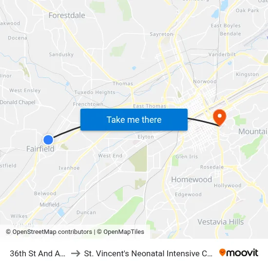 36th St And Ave D to St. Vincent's Neonatal Intensive Care Unit map