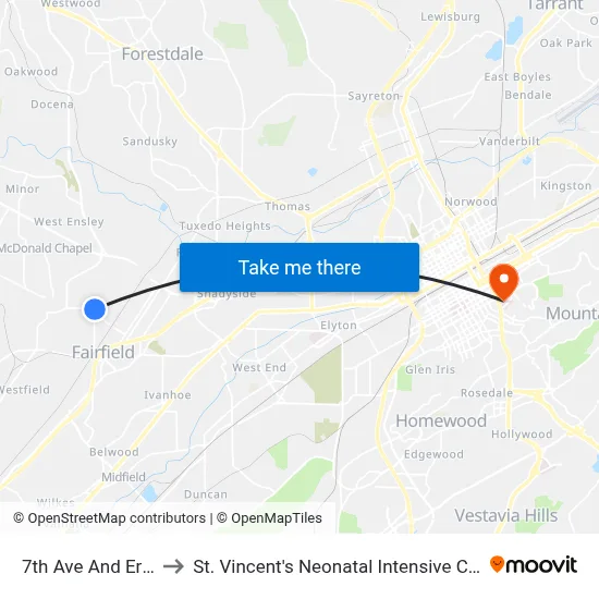 7th Ave And Erie St to St. Vincent's Neonatal Intensive Care Unit map
