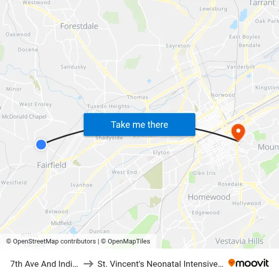 7th Ave And Indiana St to St. Vincent's Neonatal Intensive Care Unit map