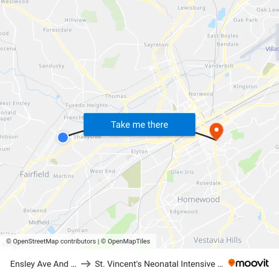 Ensley Ave And Ave J to St. Vincent's Neonatal Intensive Care Unit map