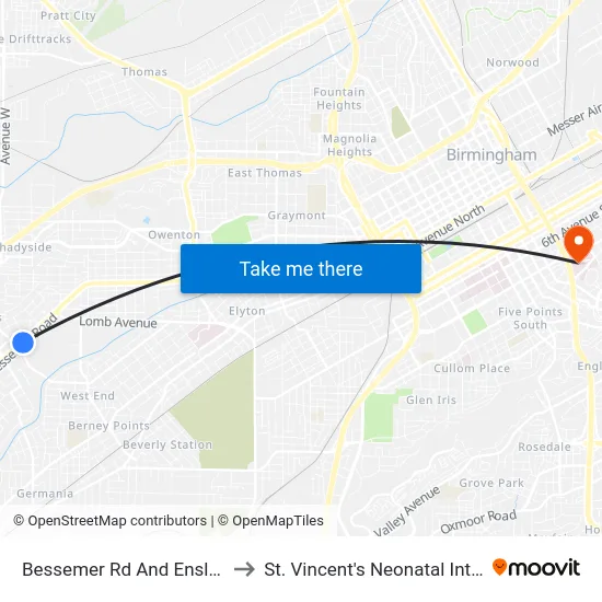 Bessemer Rd And Ensley Ave (Shelter) to St. Vincent's Neonatal Intensive Care Unit map