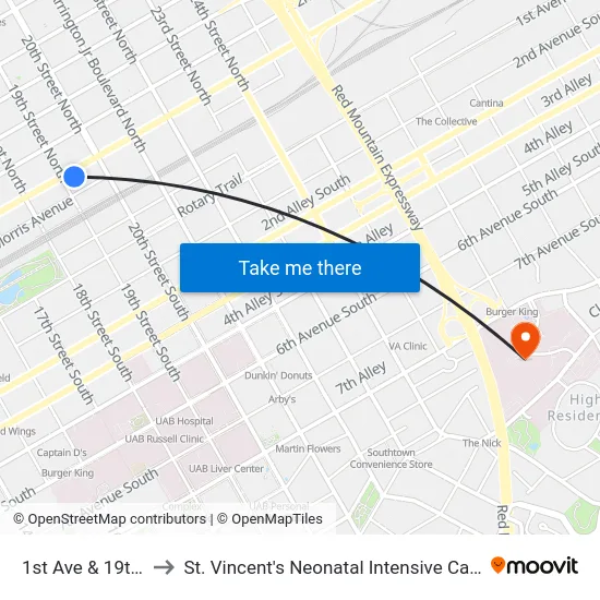 1st Ave & 19th St to St. Vincent's Neonatal Intensive Care Unit map