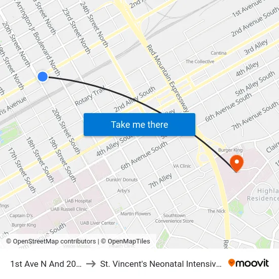 1st Ave N And 20th St N to St. Vincent's Neonatal Intensive Care Unit map