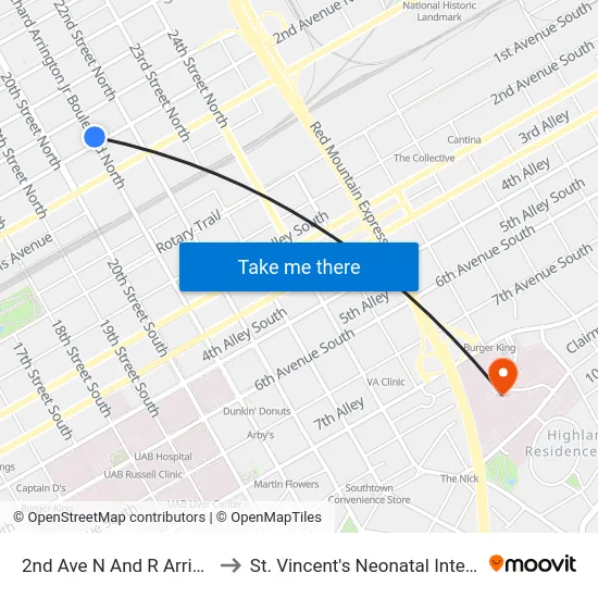 2nd Ave N And R Arrington Jr Blvd to St. Vincent's Neonatal Intensive Care Unit map