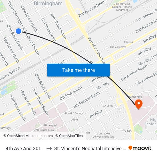 4th Ave And 20th St N to St. Vincent's Neonatal Intensive Care Unit map