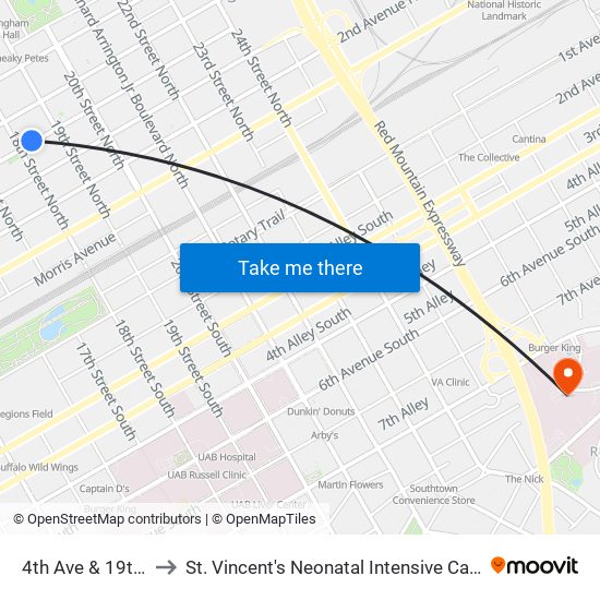 4th Ave & 19th St to St. Vincent's Neonatal Intensive Care Unit map