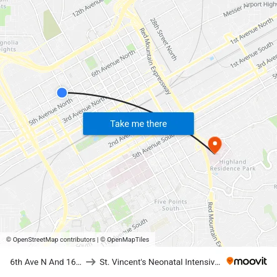 6th Ave N And 16th St N to St. Vincent's Neonatal Intensive Care Unit map