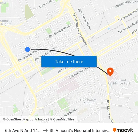 6th Ave N And 14th St N to St. Vincent's Neonatal Intensive Care Unit map
