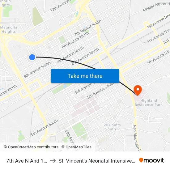 7th Ave N And 14th St to St. Vincent's Neonatal Intensive Care Unit map