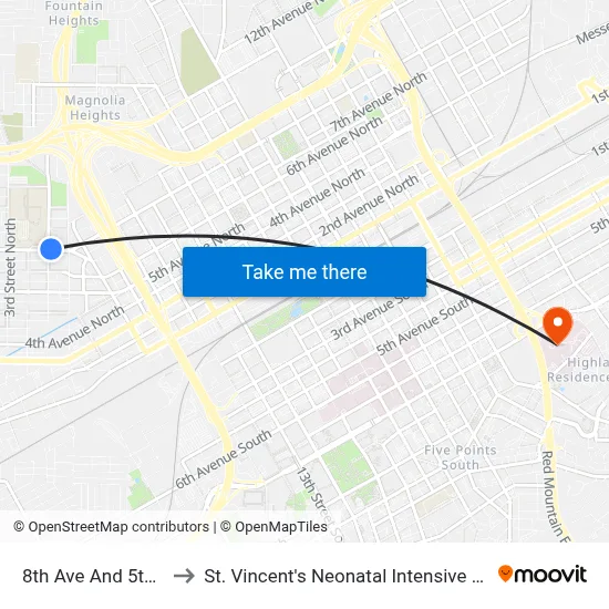 8th Ave And 5th St N to St. Vincent's Neonatal Intensive Care Unit map