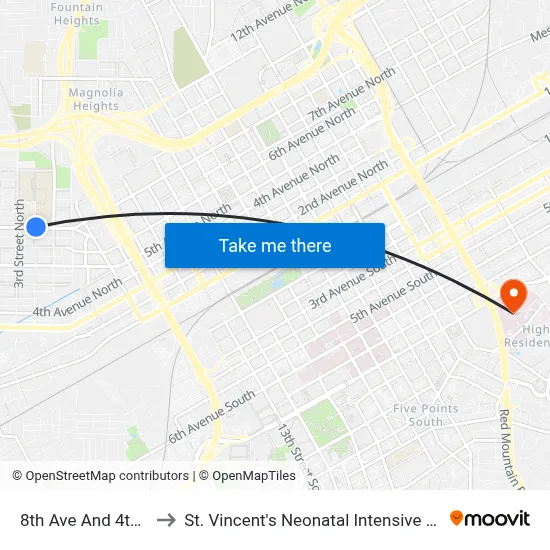 8th Ave And 4th St N to St. Vincent's Neonatal Intensive Care Unit map