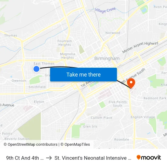 9th Ct And 4th St W to St. Vincent's Neonatal Intensive Care Unit map