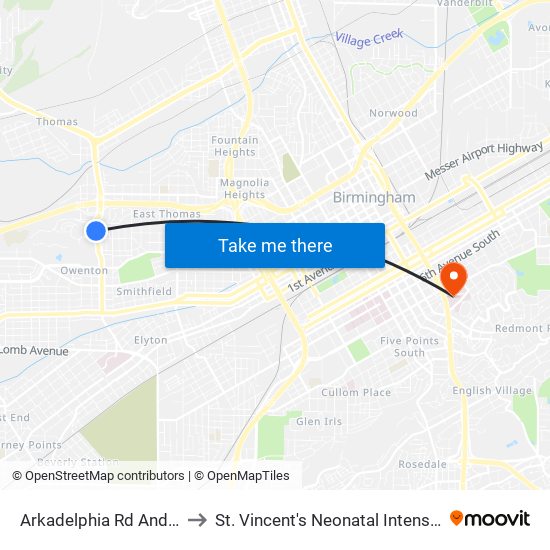 Arkadelphia Rd And 9th Ct W to St. Vincent's Neonatal Intensive Care Unit map