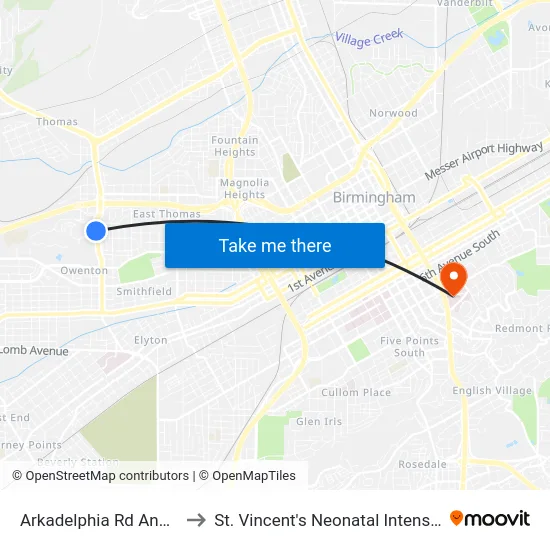 Arkadelphia Rd And 9th Ct W to St. Vincent's Neonatal Intensive Care Unit map