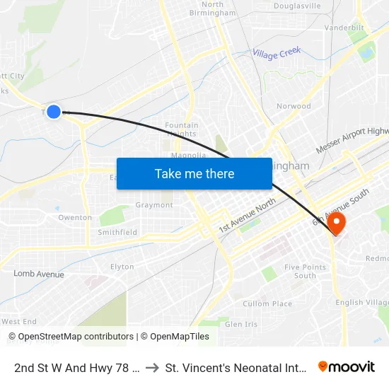 2nd St W And Hwy 78 (Gas Station) to St. Vincent's Neonatal Intensive Care Unit map