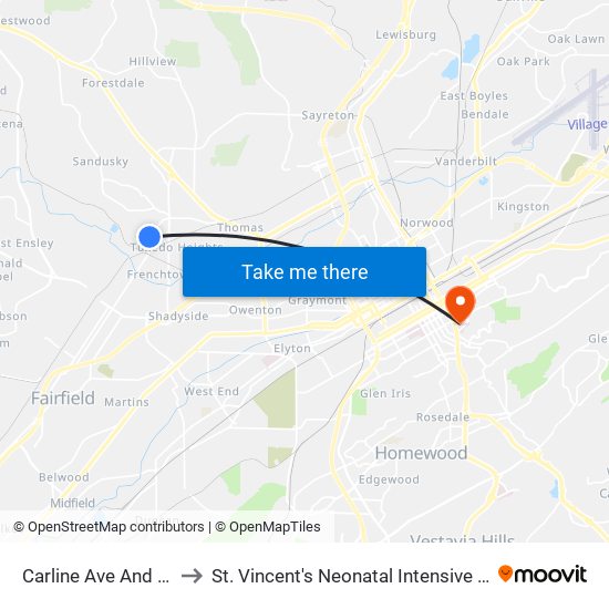 Carline Ave And 5th St to St. Vincent's Neonatal Intensive Care Unit map