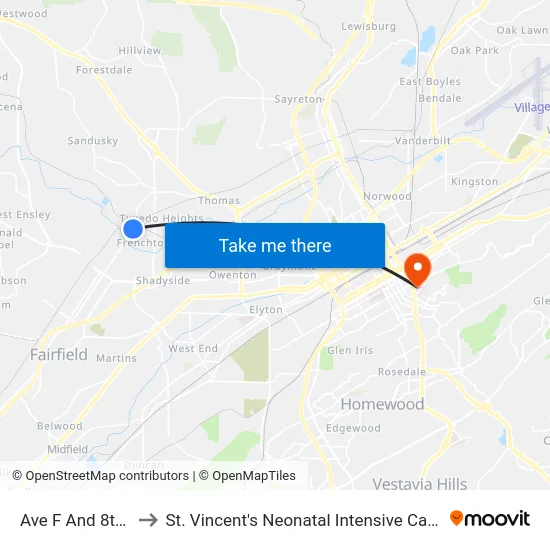 Ave F And 8th St to St. Vincent's Neonatal Intensive Care Unit map