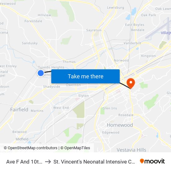 Ave F And 10th St to St. Vincent's Neonatal Intensive Care Unit map